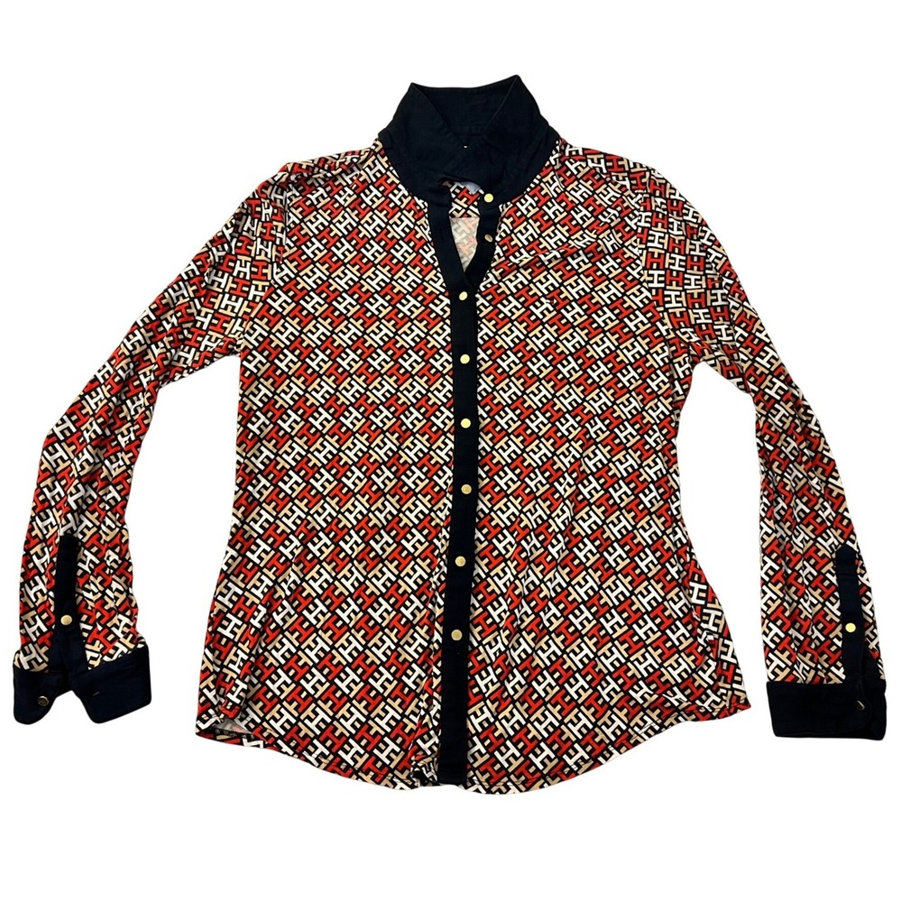 Tommy Hilfiger Monogram Geometric Print Button Up Shirt Navy Red Gold Buttons L